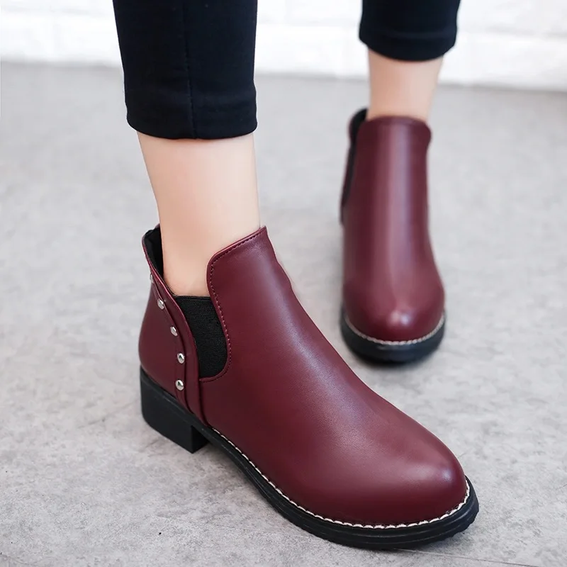 

Winter Women Ankle Boots Fashion PU Leather Shoes Woman Chunky Heels Shoes 2020 Female Autumn Faux Fur Warm Plush Boots Shoes