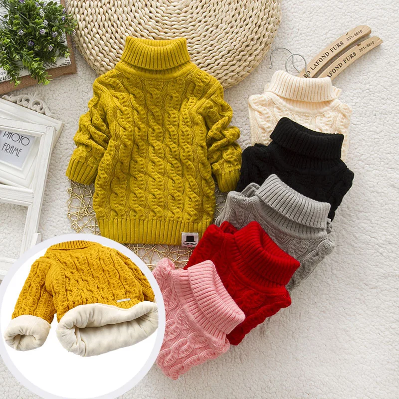 Детский свитер; зимний теплый свитер с плюшевой подкладкой; Однотонный вязаный пуловер с высоким воротником для мальчиков и девочек; Рождественский свитер; верхняя одежда