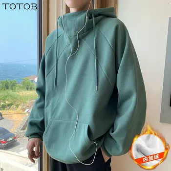

TOTOB Winter Warm Thicken Fleece Hoodies Solid Color Loose Hooded Sweatshirts 2019 Korean Turtleneck Pullover Tops