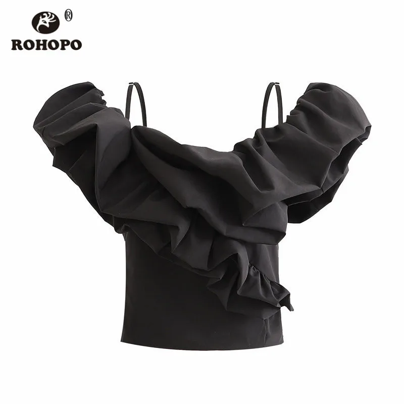 ROHOPO, каскадные оборки, поплин, черный, Женский Топ, футболка, без рукавов, для девушек, шикарный, весенний, Драпированный, тонкий, короткий топ, рубашка#2750 - Цвет: Черный
