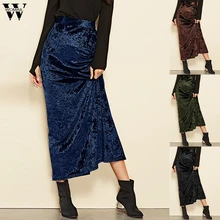 Womail Женская юбка Модная высокая талия длинная Повседневная однотонная Весенняя юбка миди Золотая Бархатная длинная юбка с разрезами Повседневная 828