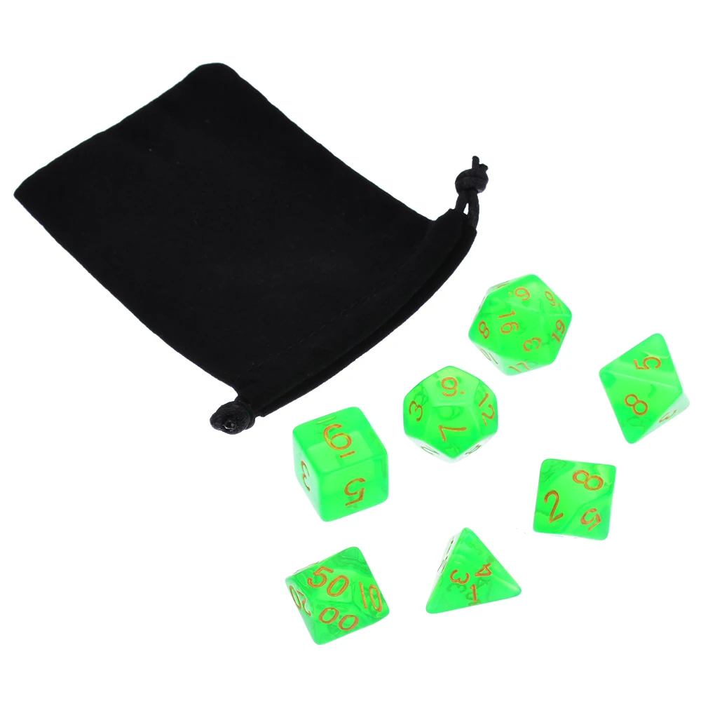 New Style 7Pcs/set Green Translucent Polyhedral Dices Set For RPG DND Game Dice Set with Dice Bag