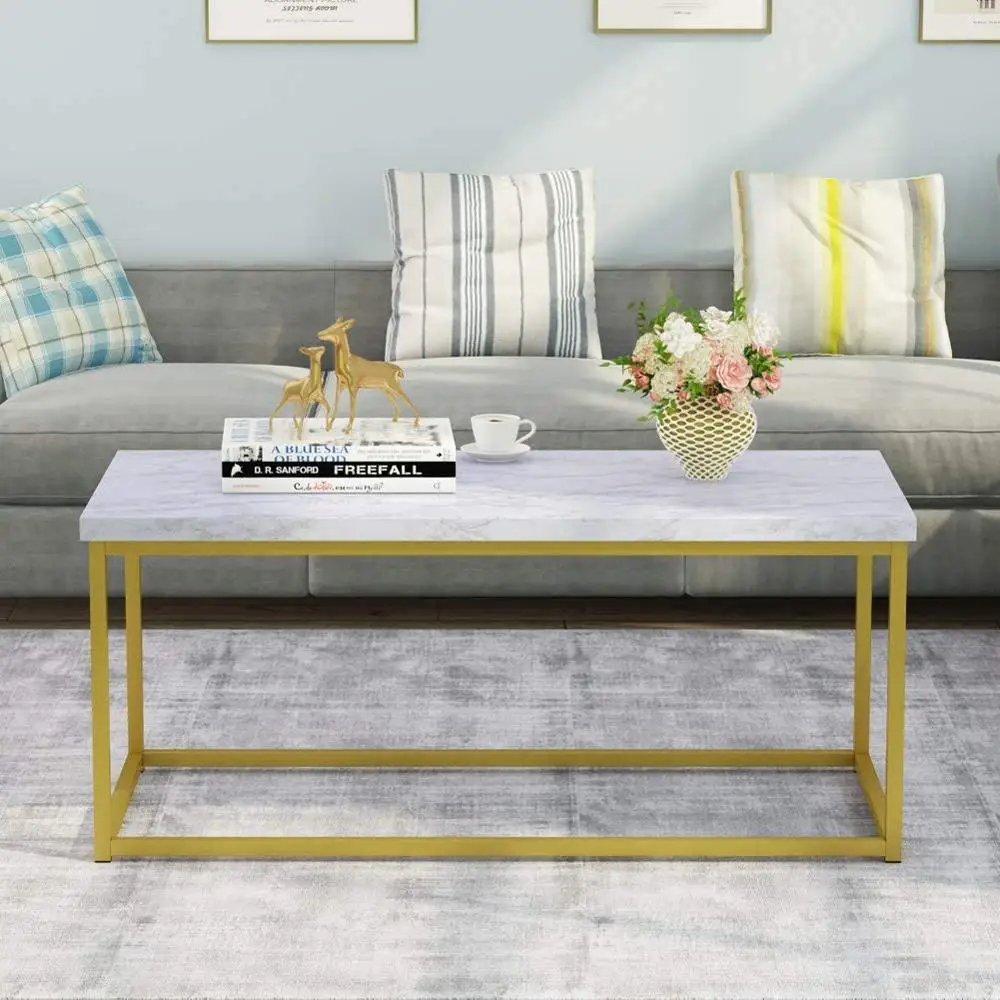 Tribesigns Coffee Table Tea Table For Living Room Faux Marble Coffee Table With Metal Frame Gold Color For Home Office Easy To Assemble Coffee Tables