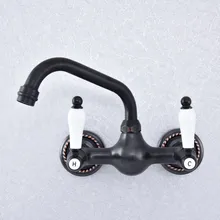 Kitchen Wet Bar Bathroom Vessel Sink Faucet Black Oil Rubbed Brass Wall Mounted Swivel Spout Mixer Tap Dual Ceramic Lever msf718