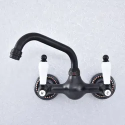 Kitchen Wet Bar Bathroom Vessel Sink Faucet Black Oil Rubbed Brass Wall Mounted Swivel Spout Mixer Tap Dual Ceramic Lever msf718