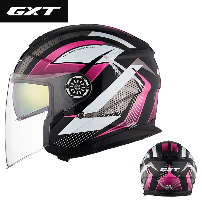 GXT мотоциклетный шлем на половину лица, моющаяся подкладка с двойным объективом, стильный быстросъемный гоночный шлем, шлем в горошек, утвержденный - Цвет: Розовый