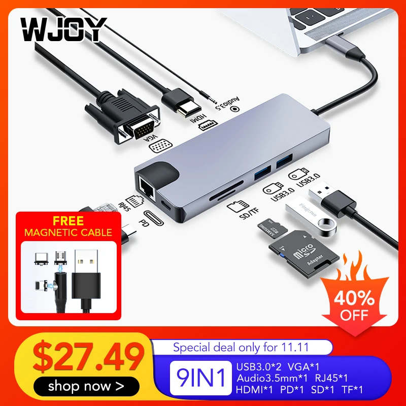 Док станция WJOY для ноутбука USB 3 0 VGA PD LAN Ethernet 5 мм|Док-станции ноутбуков| |