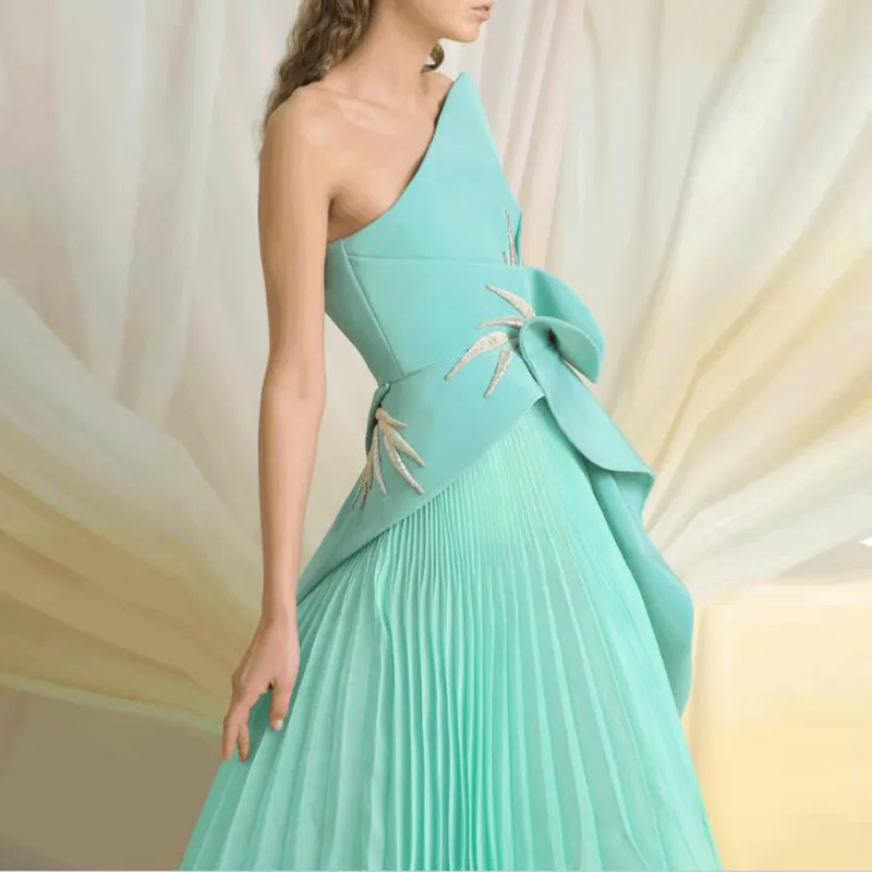 Мятное вечернее платье с одним плечом Плиссированное плиссированное платье на Среднем Востоке арабское выпускное платье robe de soiree vestidos de gala