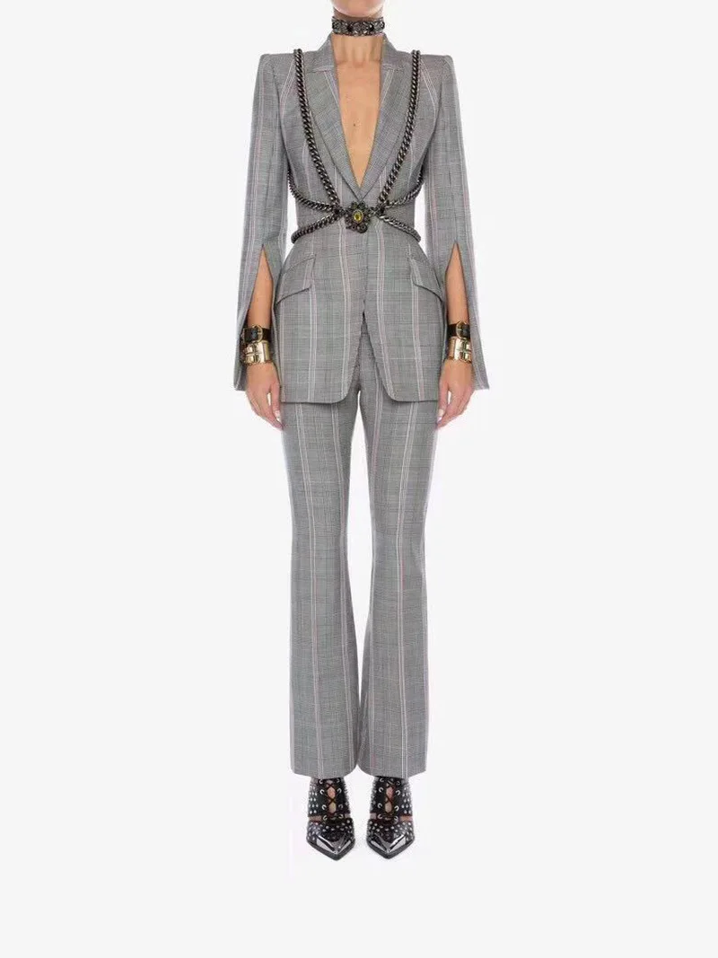

2019 New Grey Plaid Small Suit Jacket with Split Sleeves Slim Suit Woman Notched Plaid Clothes Women Jackets and Coats