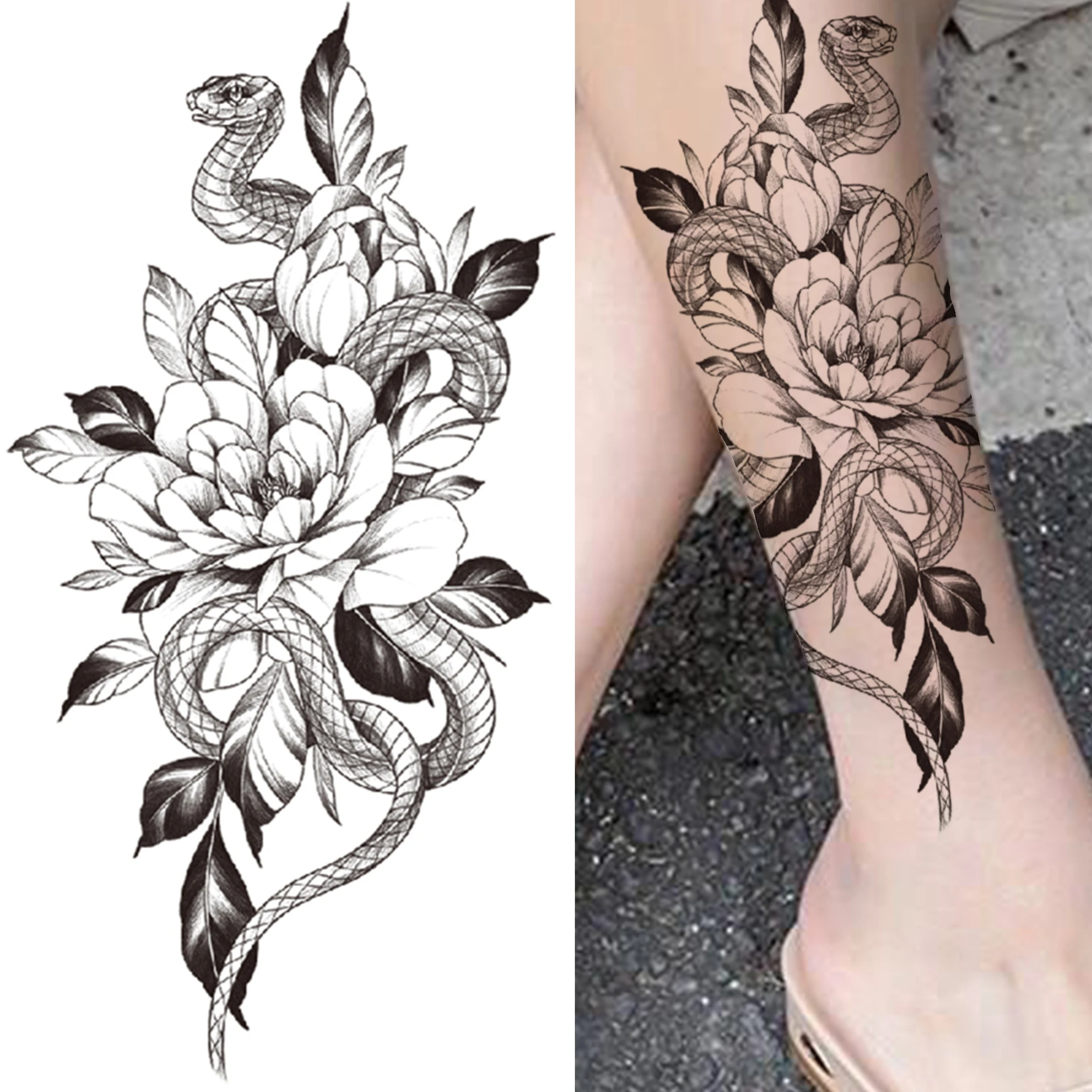 Briyhose 10 Sheet Realistic Floral Dragon Tattoo Temporary Thigh Tattoos  For Women Adults, Large 3D Color Black Flower Rose Dragon Sleeve Fake Arm