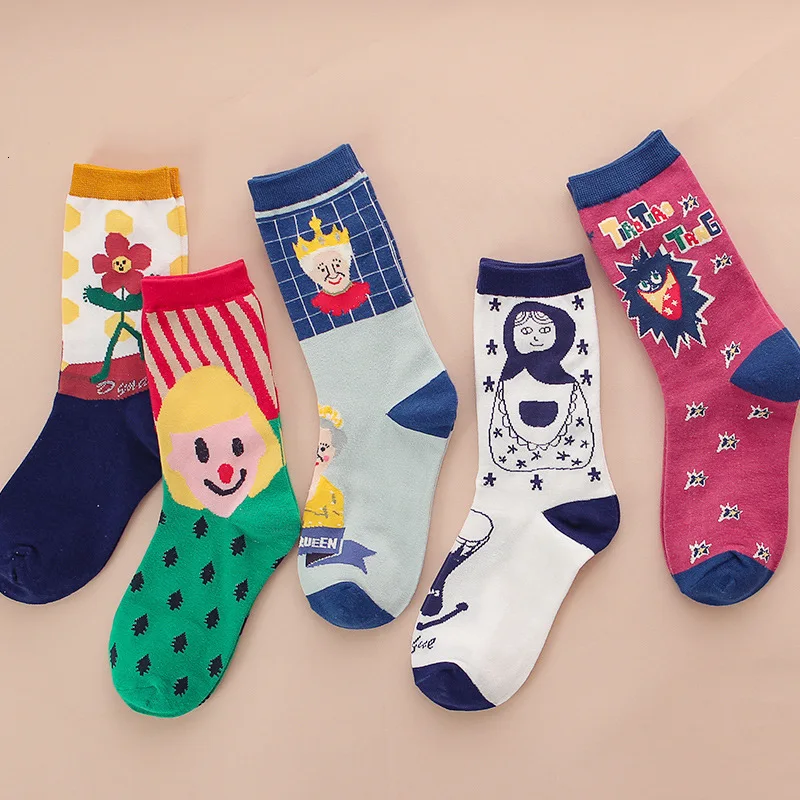 SP&CITY 5Pairs Women Winter Cartoon Funny Patterned Socks Personal Ankle Cotton King Cute Japan Style Cheap Warm Student Art Sox