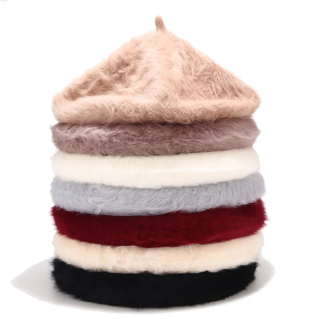 Акриловые шапки-береты Для женщин зимние французская шляпа для девочек; однотонная вязаная шапка плюс бархат мягкий теплый берет на плоской подошве Кепки береты берет femme 베레모# H