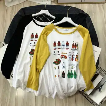 

2020 Spring Cotton Tee Shirt Women Long Sleeve Comfortable Soft Loose Casual Tee Top Student Teenager Fun Print Base T Shirt