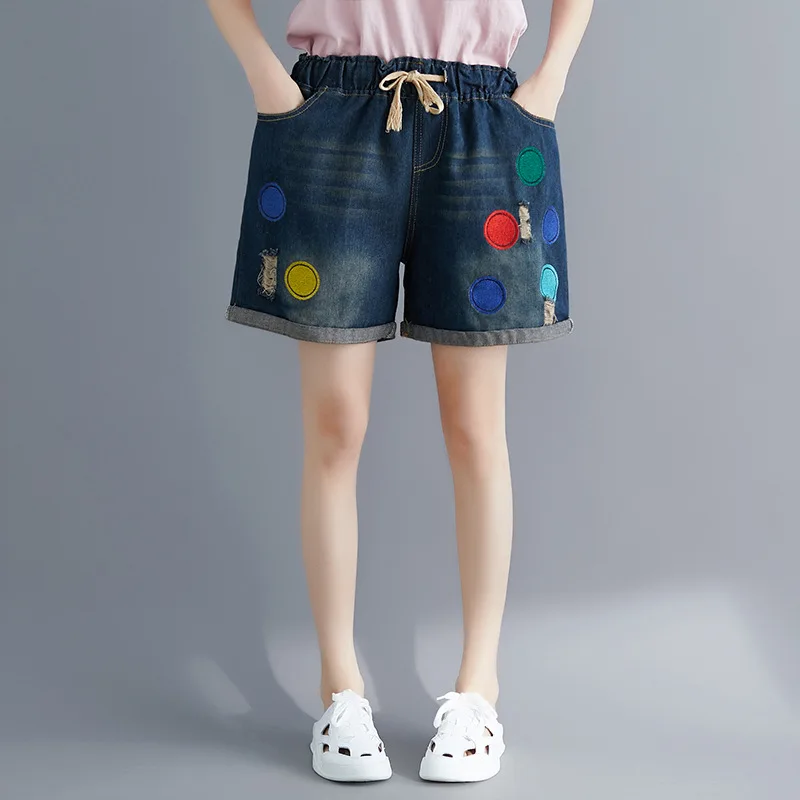 

Summer Women Plus Size Vintage Ripped Denim Shorts Drawstring High Waist Casual Embroidery Art Cotton Jeans Femme Short Pants