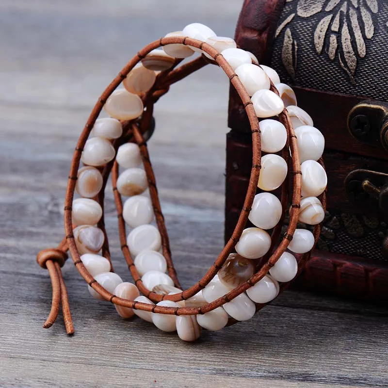 Unique Natural Random Shape Shell Beads Leather Wrap Bracelet Multi Layered Beads Bracelet Natural Stone Bracelet Jewelry