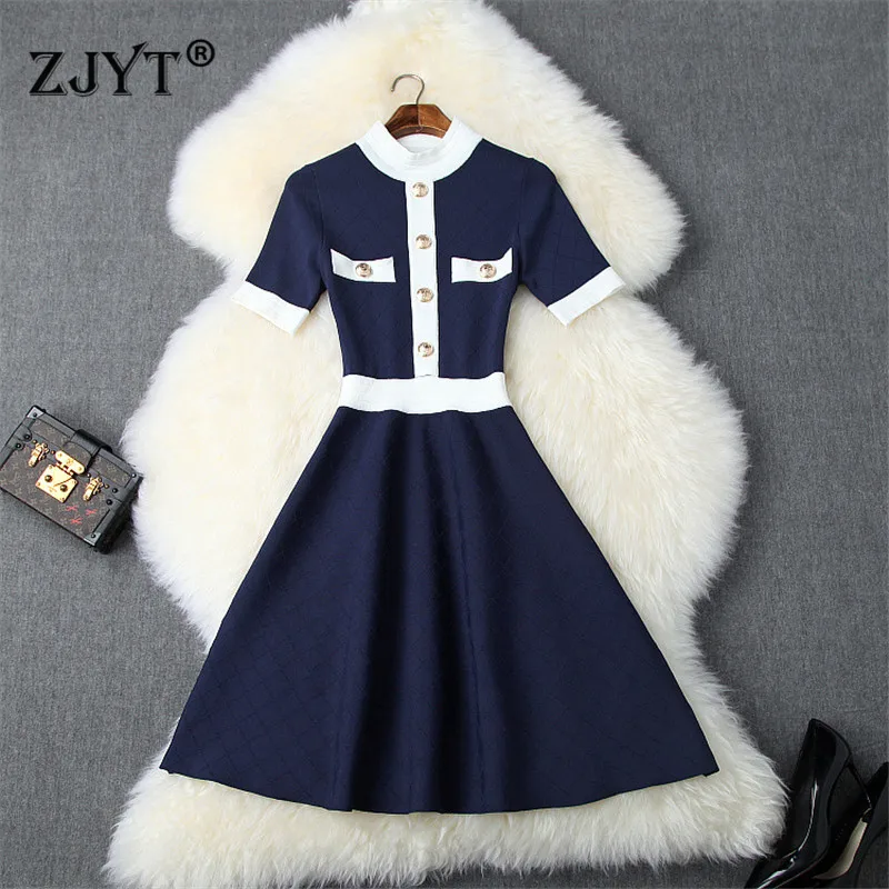 

Fashion New Autumn Dress for Women 2019 Runway Designer Elegant Short Sleeve Hit Color Aline Casual Knit Sweater Dresses