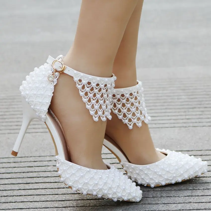 

Large size womens shoes white pearl bud silk mesh wedding shoes stiletto pointed elegant high heels temperament single shoes