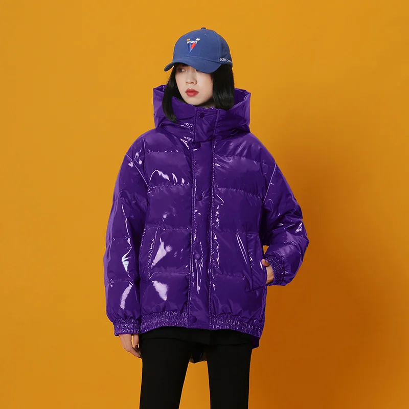 Зимняя новая Яркая блестящая Хлопковая женская Свободная куртка негабаритная теплая куртка пушистая хлопковая куртка в стиле хлеба F246 - Цвет: purple