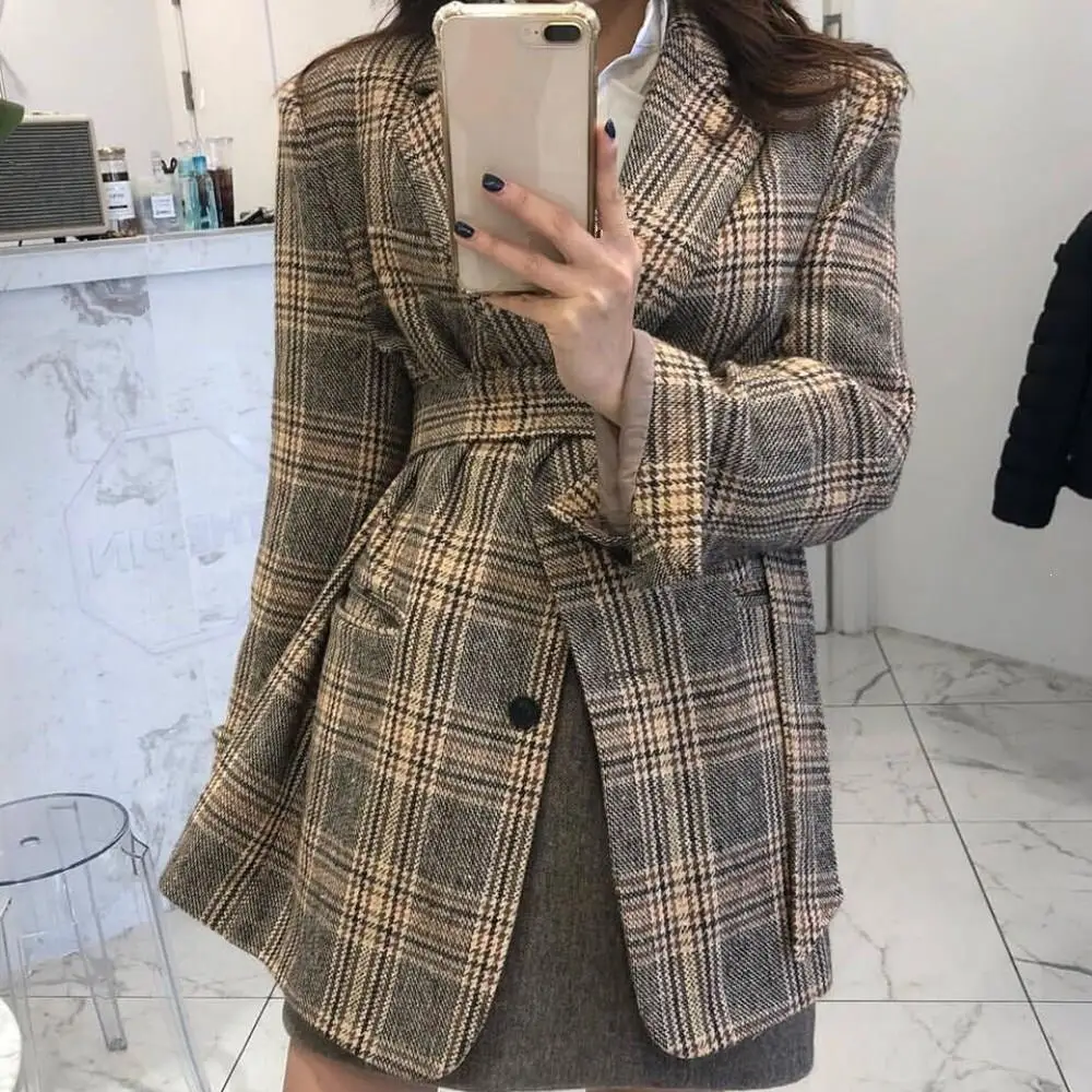 60% OFF Women Winter Notched Plaid Blazer Suit Belt Single Breasted Thin Woolen Coat Vintage Long Outwear