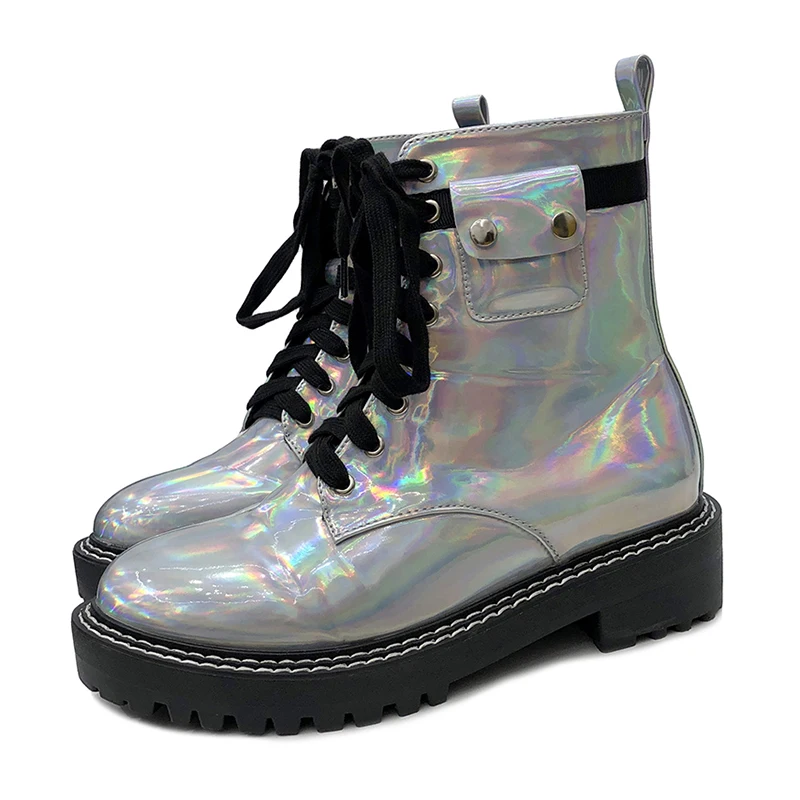 Rimocy Womens Silver Laser Patent Leather Ankle Boots Fashion Lace Up Thick Platform Shoes Woman Mid Heel Motorcycle Mujer |