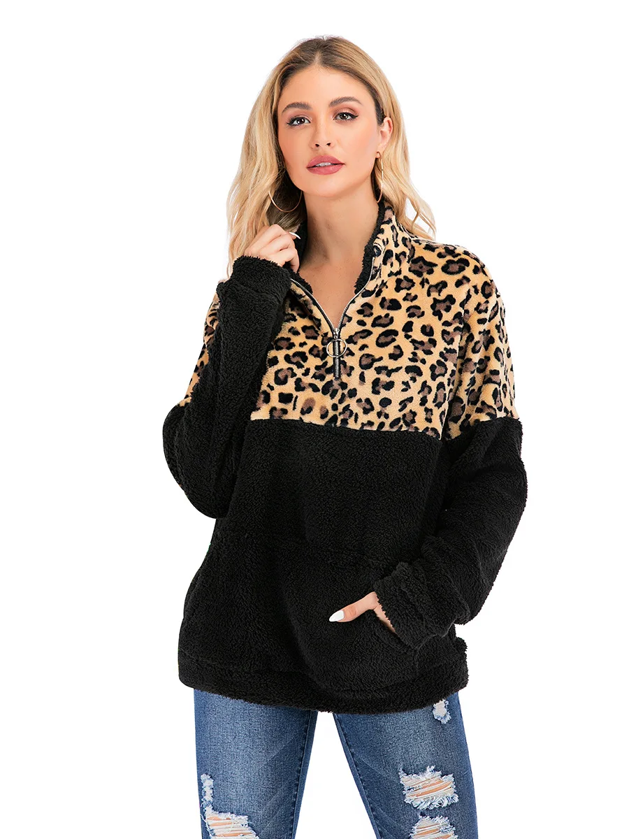 Women Fleece Sweatshirt Winter Casual Leopard Faux Fur Patchwork Fluffly Female Hoodies Warm Turtleneck Zipper Tops