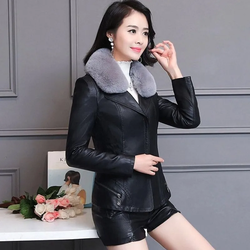 UHYTGF 5XL кожаная куртка для женщин Модный меховой воротник Осень Зима кожаная куртка для женщин Роскошная потертая кожа короткое пальто 512