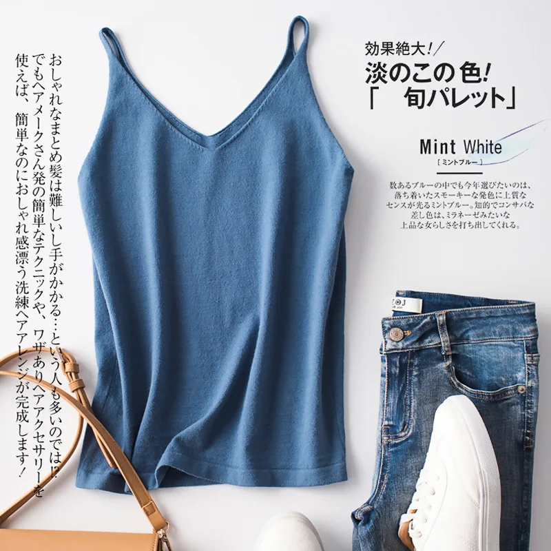 Sexy Women Camis Slim Bottoming Shirt V-neck Short Knit Tanks Solid Crop Tops Basic Female Casual Camis Autumn Winter Inner Wear nylon camisole Tanks & Camis