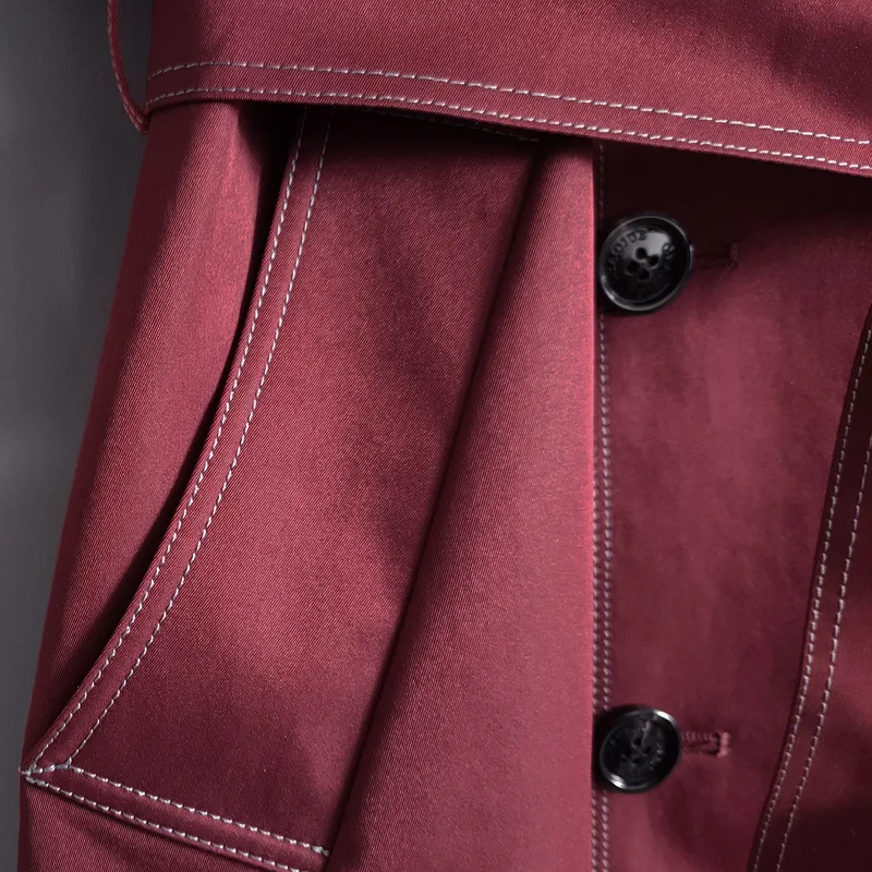 Wine red men Trench Coat Hesperian Style long windbreaker spring autumn color contrast fashion Handsome claret Overcoat