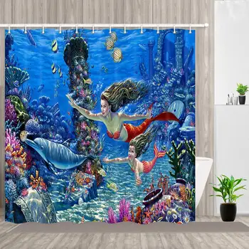 

Mermaid Girl and Mom with Dolphin in The Sea Bathroom Curtains