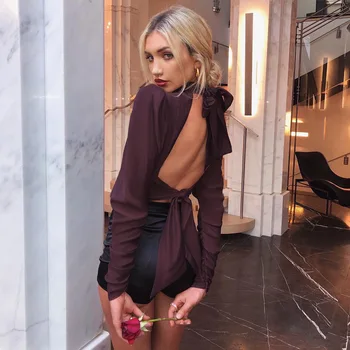 

NewAsia Garden T Shirt Backless Lantern Long Sleeve Tshirt Solid Color Brown Streetwear O-neck Tops Bind Women Shirts Winter