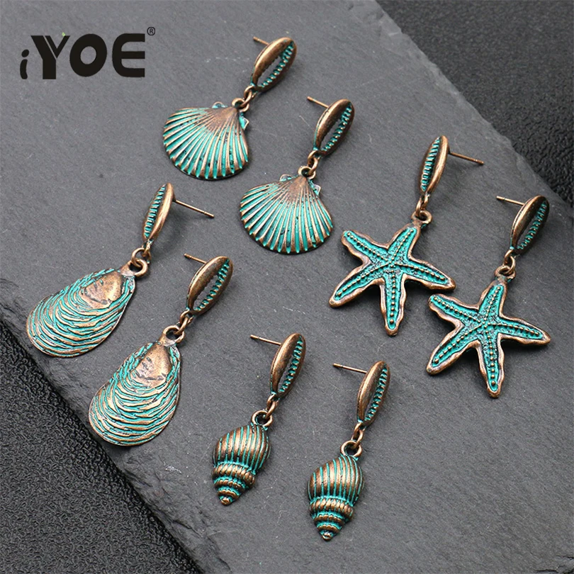 

IYOE 2019 Antique Ethnic Alloy Drop Earrings For Women Vintage Shell Starfish Dangle Statement Hanging Earring Brincos