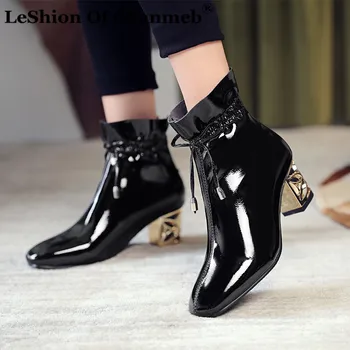 

Winter Women Boots Gold Metal High Heels Ankle Boots Zip Ruffles Chunky Heel Boots Female Lady Autumn Shoes Size 34-45 Bow White
