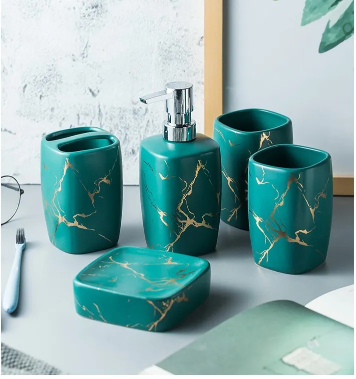 Wedding Gift Ceramic Mug Set Imitation Marble Ceramic Bathroom five-pieces Set with Ceramic Tray Soap Dish Bathroom Decoration