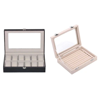 

1pcs 12 Compartment Leather Watch Box Storage Box & 1pcs 7 Slot Velvet Jewelry Ring Display Rack Earring Storage Box
