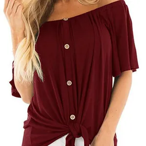 Women Blouses 2020 Casual Slash Neck Knitted Shirts Summer Short Sleeve Buttons Tops Solid Ladies Blouse Plus Size Female Shirt