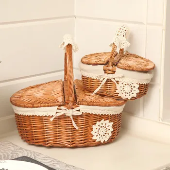 

Hand Made Wicker Bags Camping Shopping Storage Hamper with Lid Picnic Food Basket Woven Fruit Storage Baskets WJ76