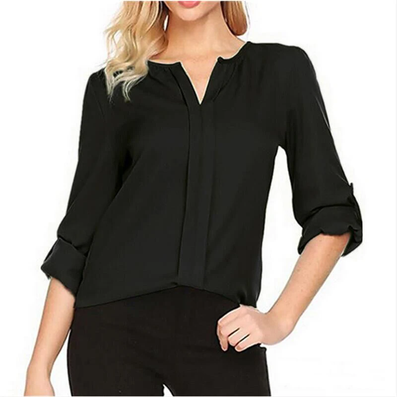 

Women Tops Long Sleeve Casual Chiffon Blouse E-Girl V-Neck Solid Spring Autumn Office Wear Shirt Loose Vintage Elegant Blouses