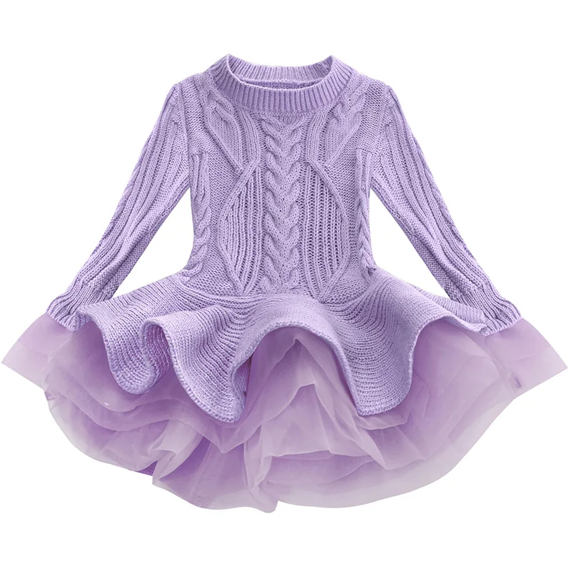 Милое осенне-зимнее платье для малышей одежда принцессы для девочек вязаное платье с длинными рукавами платья для дня рождения трикотажная одежда - Цвет: purple