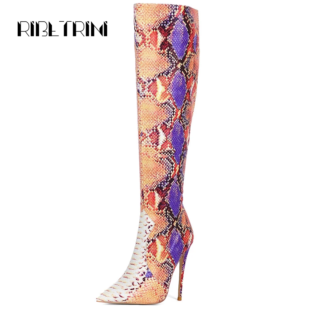 

RIBETRINI Snakeskin Big Size 33-45 Women Knee Boots Sexy Stiletto High Heels Pointed Toe Party Wedding Club Dress Knee Boots