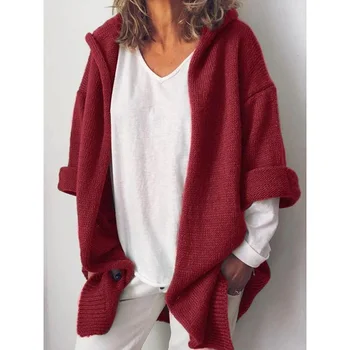 

2019 Women Autumn Winter Casual Long Sleeve Loose Solid Knitwear With Pockets Ladies All-match Hooded Knitted Cardigan SJ4663Y