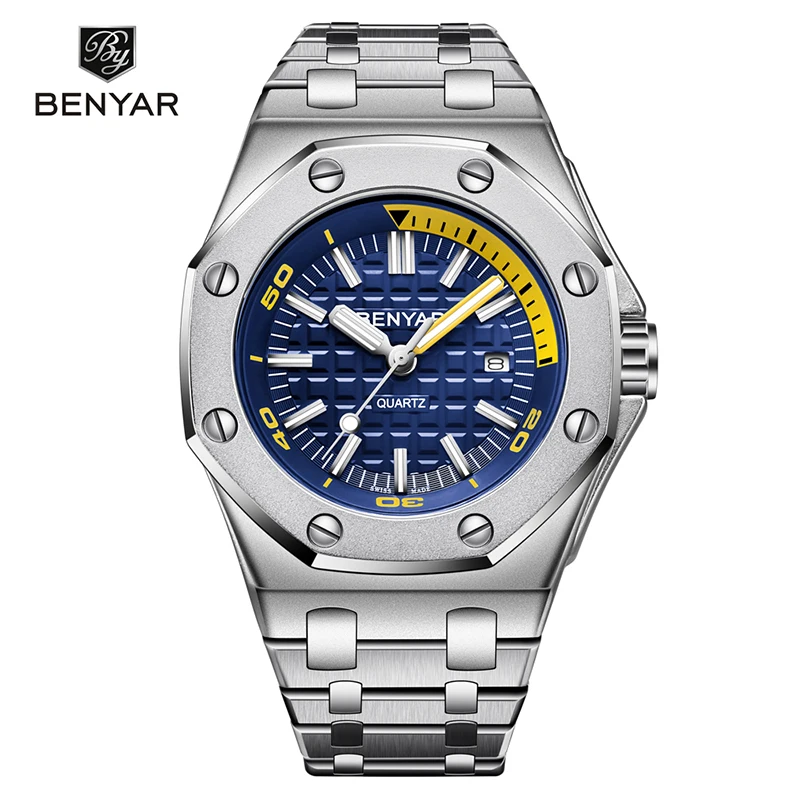 $24.99 Benyar Watch Men Luxury Brand New Style Silver Stainless Steel Band Military Quartz Watch Caus