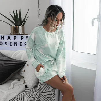 

Woman's Pajamas Print Long Sleeve Short Pants Fashion Style Round Neck American and European Style
