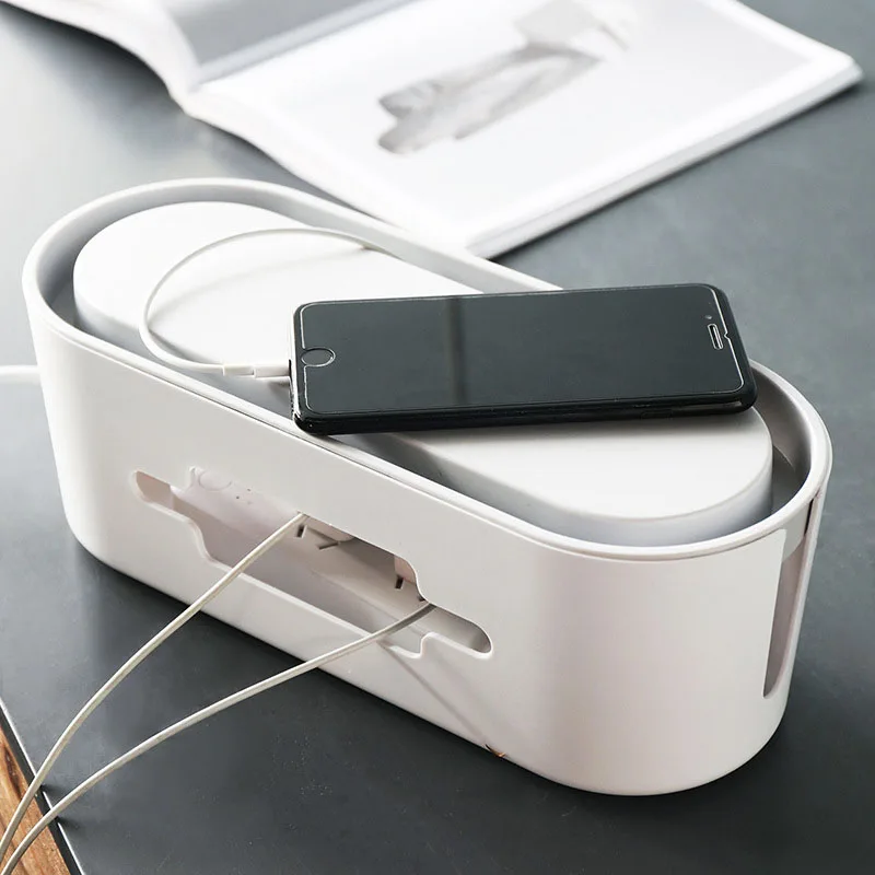 Caja Organizadora De Cables Con Tapa De Madera - Caja De Almacenamiento ABS Blanca Para Escritorio Y Regletas