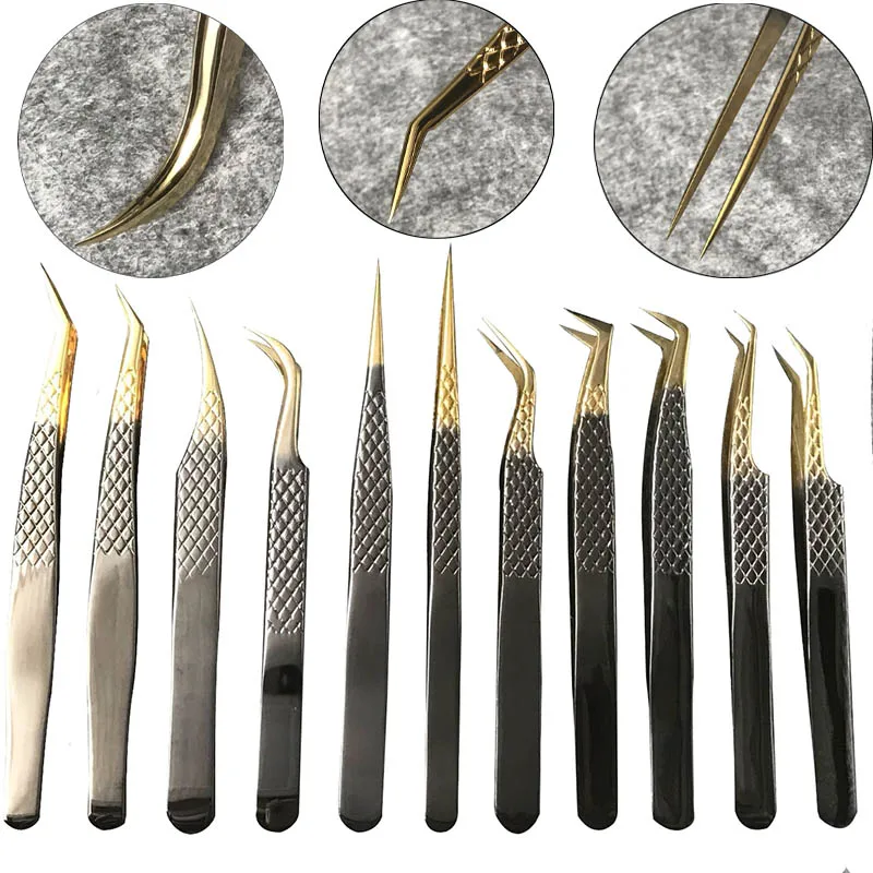 Black Golden Eyelashes Tweezers Professional Stainless Steel Lashes