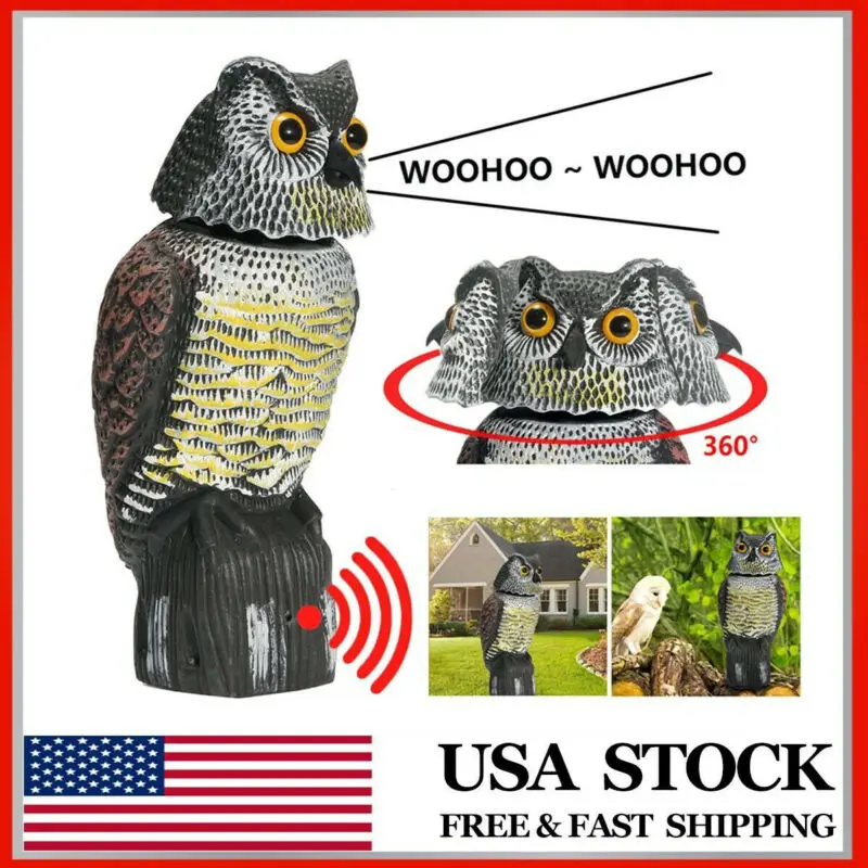 

Realistic Bird Scarer Rotating Head Sound Owl Prowler Decoy Protection Repellent Pest Control Scarecrow Garden Yard Move