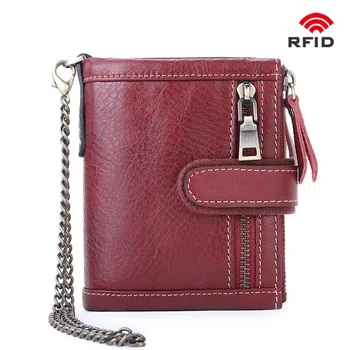 

New Men's Pocket Wallet Cowhide Leather Metal Chain Men's Purse Coin Zipper Bag Male Hasp Wallets RFID Detachable Card Holder