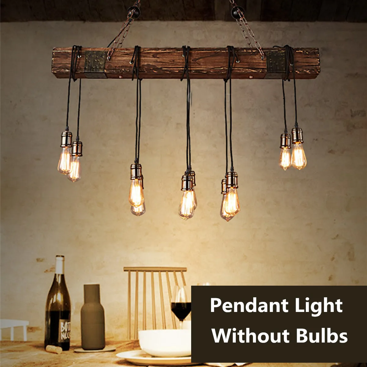 Hanging Antique Farmhouse Wood Beam Island with 10 Edison Bulb Home Kitchen Restaurant Decorations