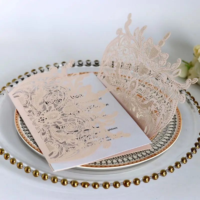  50pcs Wedding Invitation Card with ribbon Laser Cut Floral Glittering Engagement Baptism Invitation - 4.00036E+12