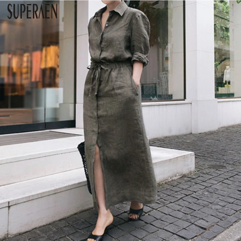 SuperAen Long-sleeved New Cotton and Linen Shirt Dress Female Autumn Korean Style Women Dress Drawstring Women Clothing