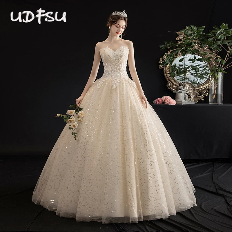 ^Cheap UDFSU Vrouwen Boothals Vintage Tulle Wedding Dresses Applicaties Eenvoudige Baljurken Prinses Kant Vloer Lengte Bruidsjurk